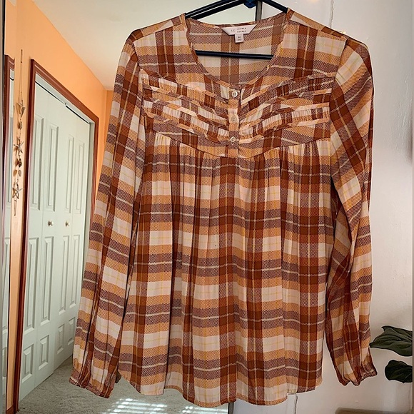 LC Lauren Conrad Women’s Brown Long Sleeve Silky Plaid Blouse Size Medium - Picture 2 of 4